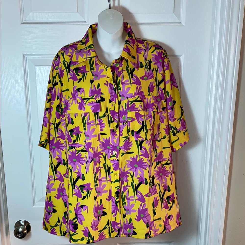 Rebdolls Yellow and Purple Floral Button Down Shirt Tropical Hawaiian Plus Sz 3X